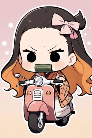 A road made of many stars,stars,road,1girl,(solid circle eyes: 1.5),nezuko kamado, bamboo,(chibi: 1.4), bit gag, black hair, forehead, gag, gagged, hair ribbon, long hair, multicolored hair, orange hair, wavy hair, two-tone hair, asa no ha (pattern), checkered sash, haori, japanese clothes, kimono, long sleeves, obi, pink kimono, sash, wide sleeves, extremely excellent composition,visual appeal,contour,funny face,huge head,cute,(baggy clothes: 1.3),kawaii,motor vehicle,Kimono girl riding a scooter,purple gradient background,