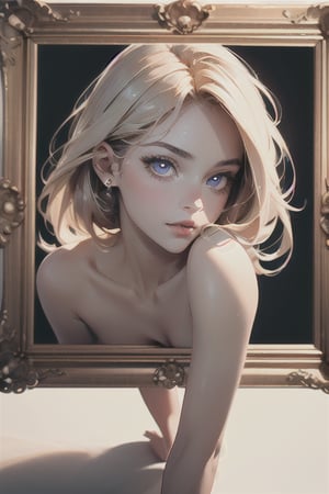 There is a portrait of a sexy beauty in the center of the room,picture frame,perfect lighting,high resolution,delicate facial features,extremely detailed eyes,(extremely complex background:1.4),masterpiece,indoor,1girl,from below,(full-body shot:1.4),,