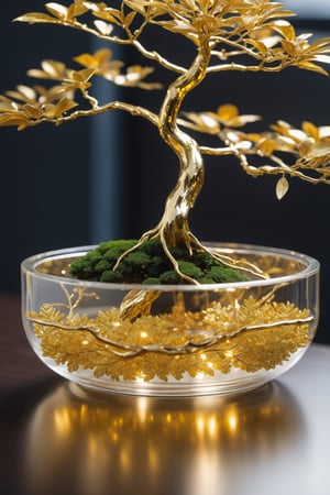 bonsai,branches and trunks made of glass,leaves made of gold(metal),transparent branches and trunks,metallic feel,metal reflective,gold,metal,gold metal,aethetic,8k Ultra HD,masterpiece,product view,specialty store,bokeh,