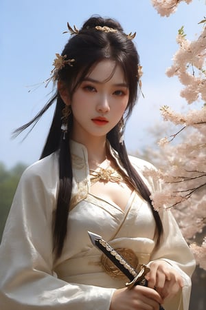 cowboy shot,(aesthetic),(perfect composition),(beautiful female fingers),(beautiful and heroic,cool and determined),(1girl,wuxia,detailed eyes,piercing eyes,ancient chinese swordsman costume),(perfect sword,metal reflective),(graceful posture),(beautiful rendering effect),(flying catkins effect,beautiful blur rendering),holding sword,emo,Expressiveh,concept art,qingyi,long black hair,hair ornament,3d,