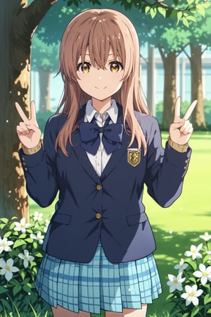 score_9, score_8_up, score_7_up, source_anime,(detailed eyes),nishimiya shouko\,shouko nishimiya\a silent voice\,1girl,cowboy shot,(wariza),long hair,bangs,hair between eyes,brown hair,brown eyes,blue bowtie,school uniform,dark blue blazer,yellow cardigan,white shirt,long sleeves,pleated skirt,blue and white plaid pleated skirt,dark blue socks,brown loafers,smile,tree,flower,grass,V-sign,peace sign,