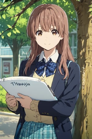 score_9, score_8_up, score_7_up, source_anime,(detailed eyes),shouko nishimiya,1girl,cowboy shot,long hair,bangs,brown hair,brown eyes,cardigan,blue bowtie,blazer,blue and white plaid pleated skirt,smile,tree,holding notebook,(open notebook),english text,(hand up,show notebook),((Notebook with text as "thank you")),style_brush,