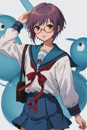 score_9, score_8_up, score_7_up, source_anime,best quality,nagato yuki\,(detailed eyes),cowboy shot,short hair,bangs,purple hair,glasses,brown eyes,blue sailor collar,white serafuku,red ribbon,blue skirt,kita high school uniform,school,standing,alien,