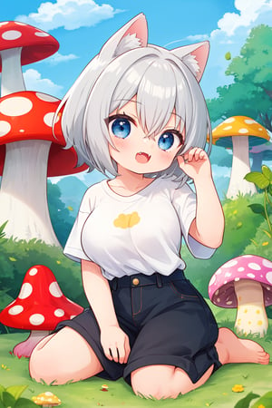 1girl,Magical POP Illustration,chibi,large breasts,short hair,blue eyes,bangs,skin fang,grey hair,hair between eyes,wide t-shirt,boyfriend style,short sleeves,barefoot,only wear t-shirt,white t-shirt,too big clothes,loose,no pants,much bigger clothes,mini girl,wariza,Life-sized mushroom,sitting on the life-size mushroom,cute,kawaii,chibi style,