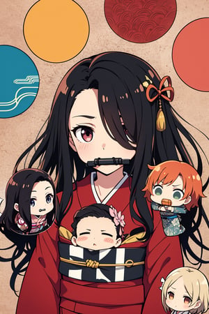 1girl,(solid circle eyes: 1.5),nezuko kamado, bamboo,(chibi: 1.4), bit gag, black hair, forehead, gag, gagged, hair ribbon, long hair, multicolored hair, orange hair, wavy hair, two-tone hair, asa no ha (pattern), checkered sash, haori, japanese clothes, kimono, long sleeves, obi, pink kimono, sash, wide sleeves, extremely excellent composition,visual appeal,contour,Japanese style architecture,funny face,