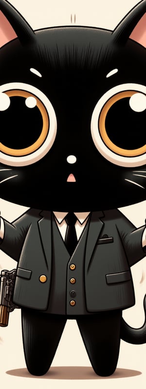 black cat,James Bond 007,black suit,white shirt,black tie,pistol,chibi,(cute),movie scene,