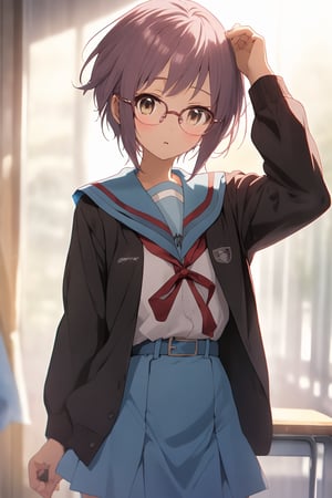 score_9, score_8_up, score_7_up, source_anime,best quality,nagato yuki\,(detailed eyes),cowboy shot,short hair,bangs,purple hair,glasses,brown eyes,blue sailor collar,white serafuku,red ribbon,blue skirt,kita high school uniform,school,standing,alien,