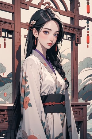 (upper body),wide shot,standing,1girl, long hair,black hair, dress, holding, jewelry, braid, earrings, hanfu,hair ornament,purple hanfu,outdoor,visual appeal,Chinese ancient background,delicate facial features,detailed eyes,deep eyes,masterpiece,purple flowers