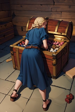 (masterpiece),4K,best quality,1girl,marcille donato\donato marcille\(delicious in dungeon\),dark blue dress,long dress,brown belt,belt pouch,sandals,(trembling effect),mimicmeme, from from behind,mimic, mimic chest,(treasure chest),dungeon,