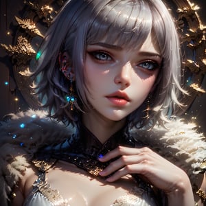 solo,(close up shot of face),(best quality),(detailed eyes),(beautiful female fingers,fingers raised,touch lips with fingers),(a bit cute),1girl,gray eyes,white hair,short hair,emo,Expressiveh,concept art,TY,BYK,light particles,play of shadow and light,abstract lighting effects,(glowing Sanskrit text and aura diffusion background)