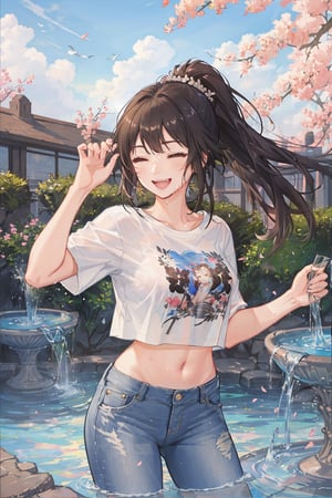 score_9,score_8_up,score_7_up,1girl,shiranui mai,large breasts,brown hair,brown eyes,long hair,high ponytail,parted bangs,masterpiece,8k UHD,delicate facial features,extremely detailed eyes,white tied t-shirt,navel,denim trousers,midriff,wet,see-through,laugh,smiling eyes,closed eyes,fountain,wide open mouth,laughter and joy,cute fangs,