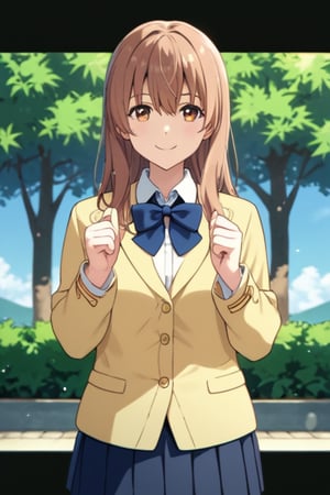 score_9, score_8_up, score_7_up, source_anime,(detailed eyes),nishimiya shouko\,shouko nishimiya\a silent voice\,1girl,cowboy shot,long hair,bangs,hair between eyes,brown hair,brown eyes,blue bowtie,school uniform,dark blue blazer,yellow cardigan,white shirt,long sleeves,pleated skirt,blue and white plaid pleated skirt,smile,tree,flower,thank you sign language,hand up,(fingers together and straightened,raise left hand horizontally,raise right hand vertically),