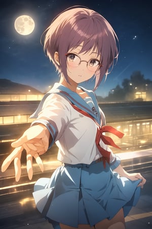 score_9, score_8_up, score_7_up, source_anime,best quality,nagato yuki\,(detailed eyes),(visual appeal),cowboy shot,short hair,bangs,purple hair,glasses,brown eyes,blue sailor collar,white serafuku,red ribbon,blue skirt,kita high school uniform,school roof,moon,standing,(pointing outstretched hand,Index finger glows),alien,