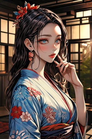 shexyoart,A striking artwork featuring two elegant figures adorned in vibrant, traditional Japanese kimonos. One figure has long, dark hair with a red flower accessory, while the other has shorter silver hair. Both are characterized by detailed tattoos and ornate jewelry, including large earrings. Their expressions convey a sense of intimacy and mystery, set against a backdrop of colorful floral patterns and soft, ethereal lighting that enhance the overall aesthetic. (make up,detailed eyes,beautiful female fingers,Japanese style garden,architecture,dreamy atmosphere),