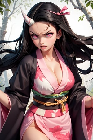 1girl,(huge muscle,muscular),nezuko kamado,single horn,angry,fang,clenched teeth,black hair, forehead,hair ribbon, long hair, multicolored hair, pink eyes, orange hair, slit pupils, wavy hair, two-tone hair, asa no ha (pattern), checkered sash, haori, japanese clothes, kimono, long sleeves, obi, pink kimono, sash, wide sleeves,forest,dynamic angle,dynamic pose,extremely excellent composition,visual appeal,pointed nails,