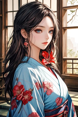 Anitoon2,A striking artwork featuring two elegant figures adorned in vibrant, traditional Japanese kimonos. One figure has long, dark hair with a red flower accessory, while the other has shorter silver hair. Both are characterized by detailed tattoos and ornate jewelry, including large earrings. Their expressions convey a sense of intimacy and mystery, set against a backdrop of colorful floral patterns and soft, ethereal lighting that enhance the overall aesthetic. (make up,detailed eyes,beautiful female fingers,Japanese style garden,architecture,dreamy atmosphere),