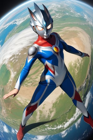 masterpiece,4K,best quality,(ultraman),(360 degrees photo to tiny planet),from above,detailed eyes,360picture,(((little planet))),concept art,standing on the planet,(appearance pose),(hold one hand high),clenched hand,round planet,(ultraman focus),