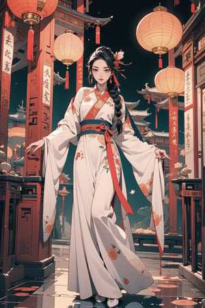 (full body),wide shot,standing,1girl, long hair,black hair, dress, holding, jewelry, braid, earrings, hanfu,hair ornament,pink hanfu,outdoor,visual appeal,Chinese ancient background,delicate facial features,detailed eyes,deep eyes,masterpiece,architecture,building,dynamic light,dynamic angle,dynamic pose,night,lantern,glowing,