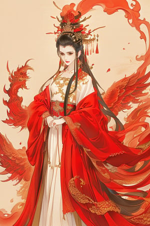 ((4K,masterpiece,best quality)),traditional chinese ink painting,hanfu,Chinese bride wedding dress,phoenix crown,red theme,(base color: red),