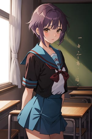 score_9, score_8_up, score_7_up, source_anime,best quality,nagato yuki\,(detailed eyes),(visual appeal),cowboy shot,short hair,bangs,purple hair,brown eyes,blue sailor collar,white serafuku,red ribbon,blue skirt,kita high school uniform,school classroom,standing,arms behind back,alien,