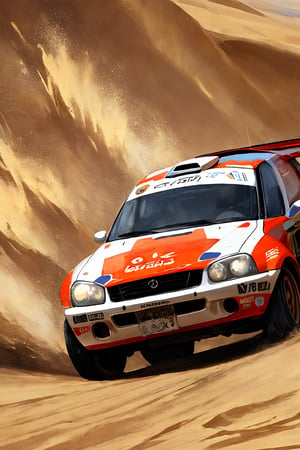 oil painting style,sandy land,white rally car,motion blur,sand dust,(tire focus:0.9),close-up,