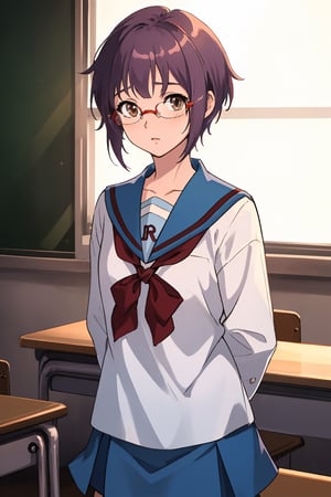 score_9, score_8_up, score_7_up, source_anime,best quality,nagato yuki\,(detailed eyes),(visual appeal),cowboy shot,short hair,bangs,purple hair,brown eyes,blue sailor collar,white serafuku,red ribbon,blue skirt,kita high school uniform,school classroom,standing,arms behind back,((glasses removal)),(holding glasses),alien,