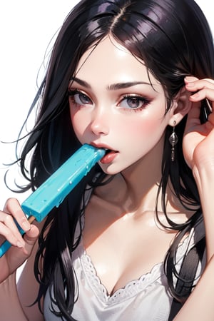 1girl,side to left,licking a dripping popsicle,right hand up,adjusting hair,stick out tongue,left hand hold popsicle,highres