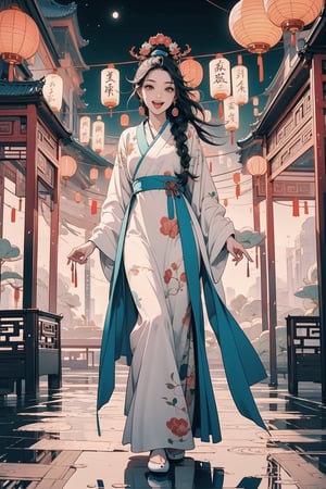 (full body),wide shot,standing,1girl, long hair,black hair, dress, holding, jewelry, braid, earrings, hanfu,hair ornament,pink hanfu,outdoor,visual appeal,Chinese ancient background,delicate facial features,detailed eyes,deep eyes,masterpiece,architecture,building,night,lantern,glowing,laughter and joy,:d,laughter,joy,