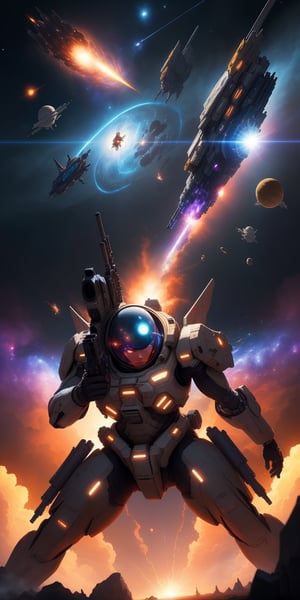 masterpiece,best quality,visual appeal,perfect composition,game art,futuristic,surreal,cosmic battlefield,outer space,energy beam,at war,no humans,cosmic flagship,main gun firing,