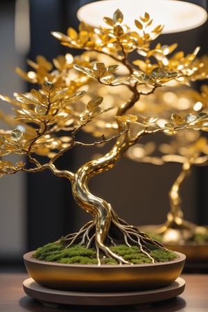 bonsai,branches and trunks made of glass,leaves made of gold(metal),transparent branches and trunks,metallic feel,metal reflective,gold,metal,gold metal,aethetic,8k Ultra HD,masterpiece,product view,specialty store,bokeh,