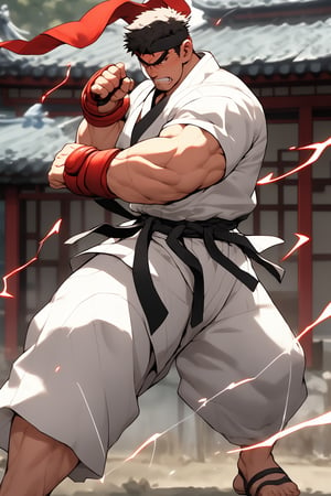 masterpiece,4K,best quality,(visual appeal),ryu \(street fighter\),(cowboy shot,black hair,short hair,detailed face,detailed eyes),red headband,white dougi,sleeveless,(torn clothes),white dojo pants,martial arts belt,red black fingerless gloves,barefoot,muscular,(standing),fighting stance,dynamic angle,dynamic pose,intense face,angry,clenched teeth,(motion blur,motion lines,mature,experienced,strong,glowing,electricity,east asian architecture),