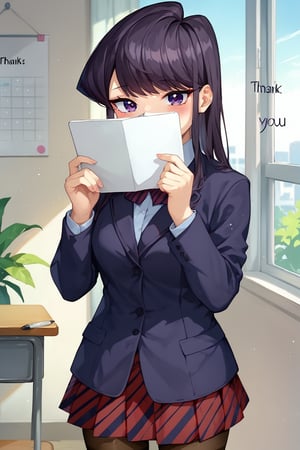 score_9, score_8_up, score_7_up, source_anime,(detailed eyes),Shouko Komi,1girl,(holding notebook),((notebook with text as "thank you")),(open notebook),(show notebook),(hands up),english text,long hair,bangs,black hair,purple eyes,blazer,blush,red and black striped pleated skirt,thighband pantyhose,style_brush,(eyes highlights),window,notebook covered mouth,