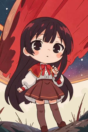 score_9, score_8_up, score_7_up, source_anime, (from below),cute and adorable,kawaii,yumielladolkness,black hair,very long hair,black eyes,red cape,brown pleated skirt,thighhighs,mary janes,red front skirt,chibi,in front of school,simple style,(hands raised,black hole),