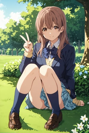 score_9, score_8_up, score_7_up, source_anime,(detailed eyes),nishimiya shouko\,shouko nishimiya\a silent voice\,1girl,cowboy shot,long hair,bangs,hair between eyes,brown hair,sitting,(wariza),brown eyes,blue bowtie,school uniform,(dark blue blazer),yellow cardigan,white shirt,long sleeves,pleated skirt,blue and white plaid pleated skirt,dark blue socks,brown loafers,smile,tree,flower,grass,V-sign,peace sign,
