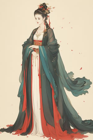 ((4k,masterpiece,best quality)),white,traditional chinese ink painting,1girl,((full body)),very long hair,hanfu,maxiskit,cleavage,((chiffon)),original,visual appeal,elegant posture,dreamy background,((detailed filling)),