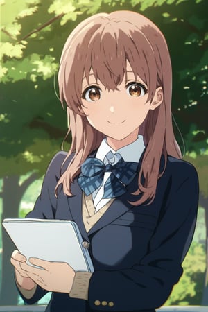 score_9, score_8_up, score_7_up, source_anime,(detailed eyes),shouko nishimiya,1girl,cowboy shot,long hair,bangs,brown hair,brown eyes,blue bowtie,blazer,blue and white plaid pleated skirt,smile,tree,holding notebook,open notebook,(notebook written "thank you" with pencil lettering),