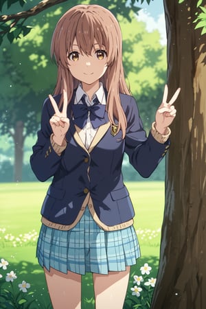 score_9, score_8_up, score_7_up, source_anime,(detailed eyes),nishimiya shouko\,shouko nishimiya\a silent voice\,1girl,cowboy shot,(wariza),long hair,bangs,hair between eyes,brown hair,brown eyes,blue bowtie,school uniform,dark blue blazer,yellow cardigan,white shirt,long sleeves,pleated skirt,blue and white plaid pleated skirt,dark blue socks,brown loafers,smile,tree,flower,grass,V-sign,peace sign,