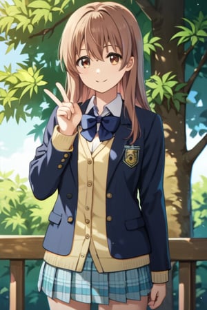 score_9, score_8_up, score_7_up, source_anime,(detailed eyes),nishimiya shouko\,shouko nishimiya\a silent voice\,1girl,cowboy shot,long hair,bangs,hair between eyes,brown hair,brown eyes,blue bowtie,school uniform,dark blue blazer,yellow cardigan,white shirt,long sleeves,pleated skirt,blue and white plaid pleated skirt,smile,tree,flower,thank you sign language,hand up,fingers together and straightened,raise left hand horizontally,raise right hand vertically,