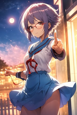 score_9, score_8_up, score_7_up, source_anime,best quality,nagato yuki\,(detailed eyes),(visual appeal),cowboy shot,short hair,bangs,purple hair,glasses,brown eyes,blue sailor collar,white serafuku,red ribbon,blue skirt,kita high school uniform,on school roof,moon,standing,beautiful female fingers,finger length,pointing outstretched hand,(Index finger glows),alien,