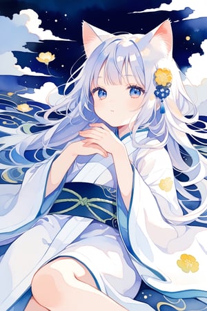 score_9,score_8_up,score_7_up, ,masterpiece,best quality,shota,delicate and charming,long hair,wide sleeves,cloud patterns,chinese clothes,white robe with light blue accents,light blue belt,lying on her side,curled up pose,lying in a box,sagawa,cat ears,cat tail,white hair,flower,watercolor \(medium\),