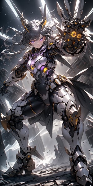 armor full power,(battlefield: 1.4),(thigh shot: 1.2),tech,imperial,perfect hands,detailed fingers,intricate details,extremely excellent composition,visual appeal,beautiful detailed glow,sparkling,metal reflective,glowing,from front,dynamic angle,(dynamic pose: 1.4),purple mist,sword,more blades,perfect body,future technology beam weapon,