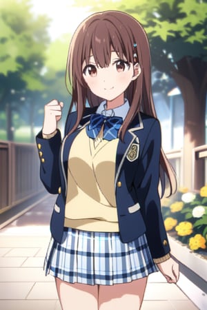 score_9, score_8_up, score_7_up, source_anime,(detailed eyes),nishimiya shouko\,shouko nishimiya\a silent voice\,1girl,cowboy shot,long hair,bangs,hair between eyes,brown hair,brown eyes,blue bowtie,school uniform,dark blue blazer,yellow cardigan,white shirt,long sleeves,pleated skirt,blue and white plaid pleated skirt,smile,thank you sign language,hand up,tree,flower,