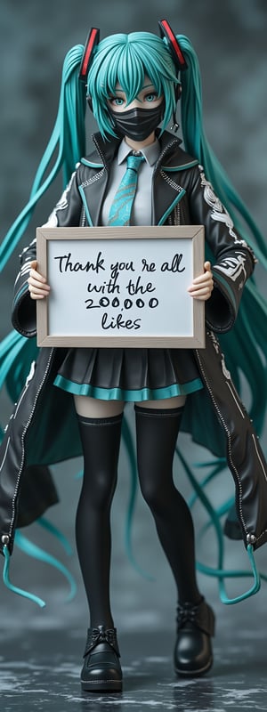 Hatsune Miku, wearing a mask and holding a board that says: "Thank you all for the 20,000 likes",Figurine 