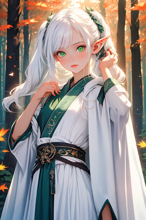 (masterpiece,best quality),((aesthetic,visual appeal)),(autumn,forest),(detailed eyes,green eyes),(petite,cute),((light particles,play of shadow and light)),(white cloak,white robe),(long hair to waist,twintails,white hair),(Elf,beautiful female fingers),((adjusting hair)),pointy ears,