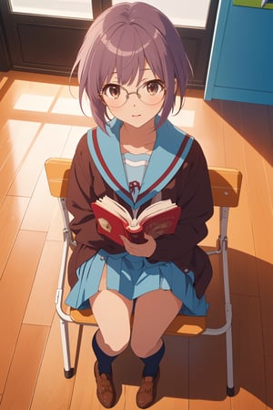 score_9, score_8_up, score_7_up, source_anime,best quality,highres,ny1,nagato yuki\,(detailed eyes),full body,from front,from above,solo,short hair,bangs,purple hair,glasses,brown eyes,blue sailor collar,serafuku,red ribbon,blue skirt,long sleeves,brown cardigan,open cardigan,kita high school uniform,indoors,folding chair,sitting,book,holding book,open book,socks,white uwabaki,look up,alien,