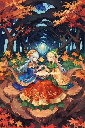 (optical illusion),(masterpiece,best quality),(aesthetic,perfect composition),(combine autumn,forest,Elf girls.) (connect these elements together),(Rob Gonsalves style,M.C. Escher style),Deformed,watercolor \(medium\),