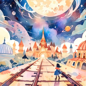 The Galaxy Railways,perspective,Children's Illustration Style,watercolor \(medium\)