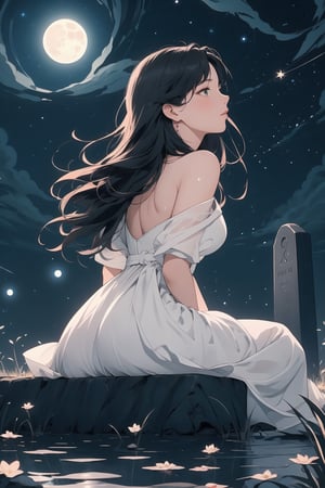 score_9, score_8_up, score_7_up, ,(masterpiece,best quality,4K),1girl,black hair,long hair,white dress,grassland,stone tombstone,sitting on tombstone,(night),moon,starry sky,look up,back view,((looking at the starry sky)),full shot,water well focus,only hazy moonlight,