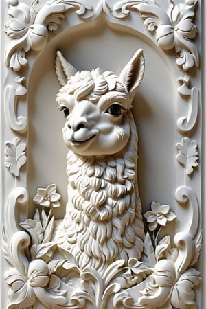 A white relief with a cute alpaca carved in it,extremely excellent composition,8k Ultra HD,