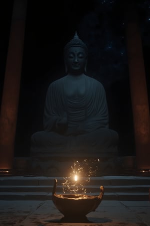 dark night,giant Buddha in the palace hall and a Buddhist lamp,the only light source comes from this Buddhist lamp,oil lamp in front of figure of Buddha,ct-identityV2,